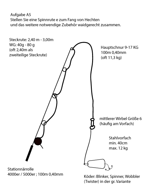 Skizze / Beschreibung Angelprüfung Spinnrute A5 zum Fang von Hechten.
