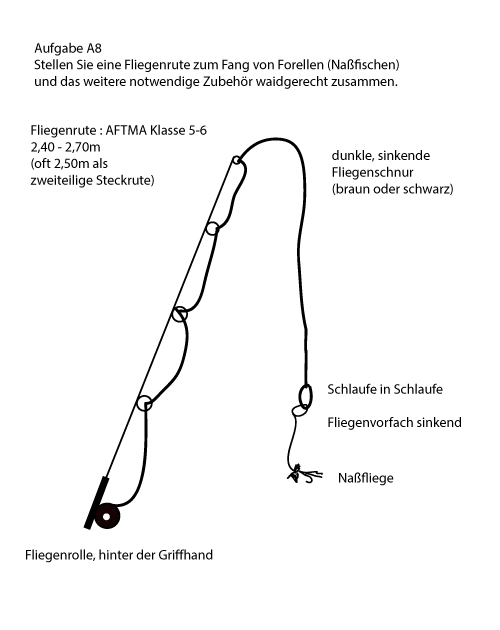 Skizze / Beschreibung Angelprüfung Fliegenrute A8 Naßfischen zum Fang von Forellen.